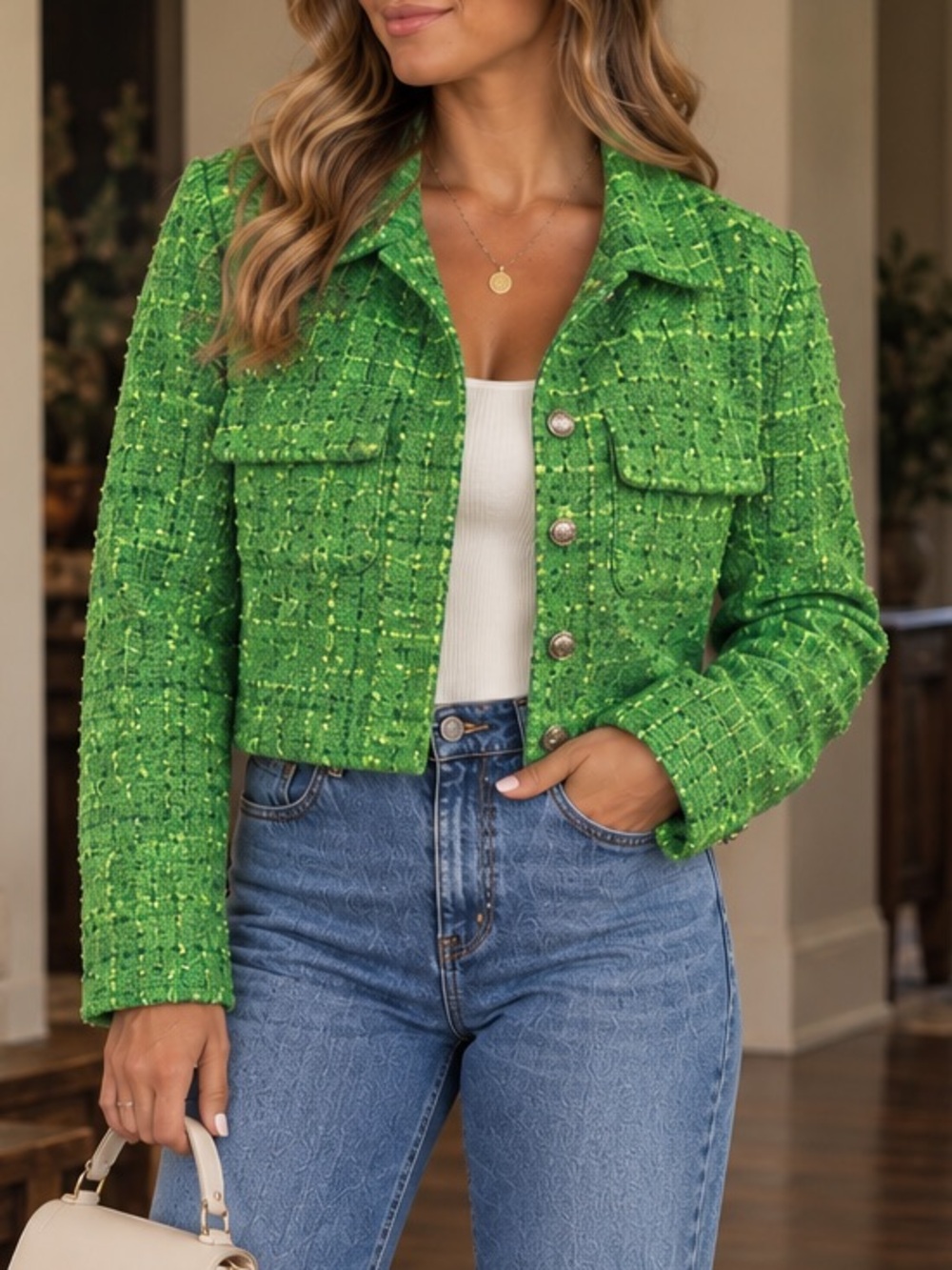 NWT Nicole Miller Green Tweed Cropped Jacket Blazer Large